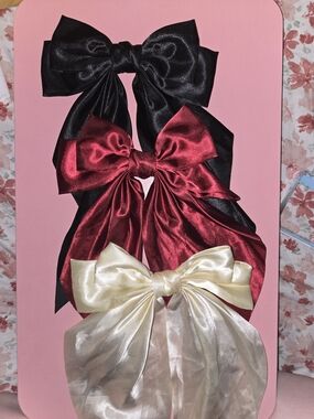 Satin Bow 🎀 Hair Clips - Black, Burgundy & White